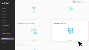 In the College Planning section of Reports in Xello. Cursor is selecting the FAFSA and state aid report